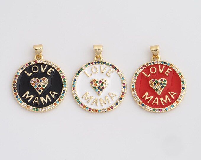 18K Gold Filled Love MAMA Charm, Micropavé CZ Heart Pendant,Enamel Letter Necklace Charm, DIY Jewelry Supplies, 32.3x25x2.3mm