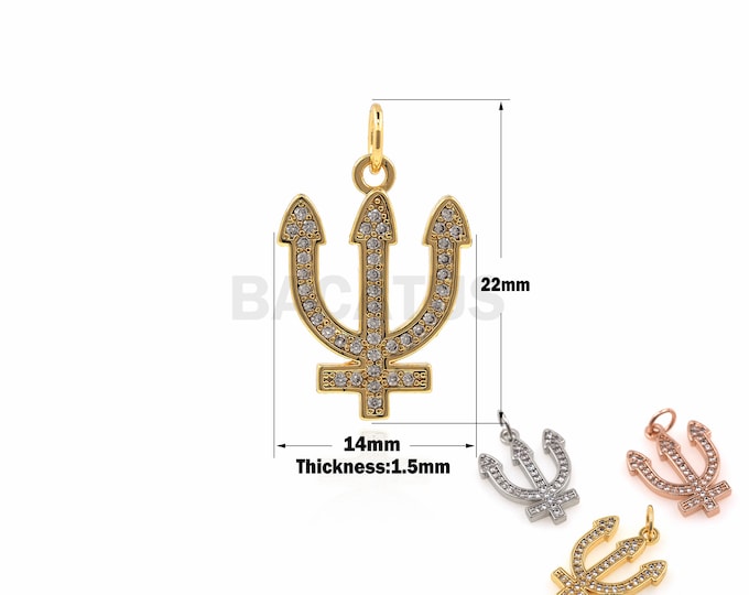 1PCS NEPTUNE Pendant Neptune Symbol Pendant Miniature Pave Trident Pendant Planetary Symbol Pendant Micropavé 18K Gold Filling 22x14x1.5mm