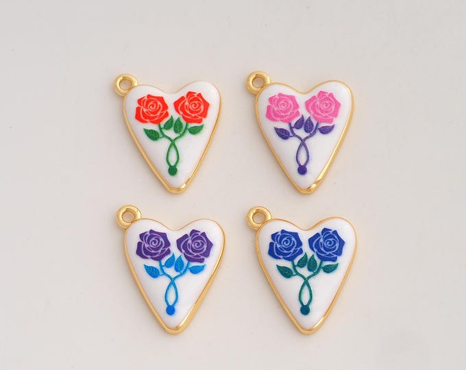 18K Gold Filled Heart Pendant,Enamel Flower Charms,Love Charm DIY Jewelry Making Supply,23.2x16x3.3mm