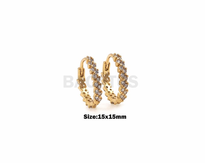 1Pair Micro-Pave Earrings 18K Diamond Hoop Earrings, Gold-Plated Micro-Pave Earrings Round Double-Sided Diamond Cartilage Earrings 15x15mm