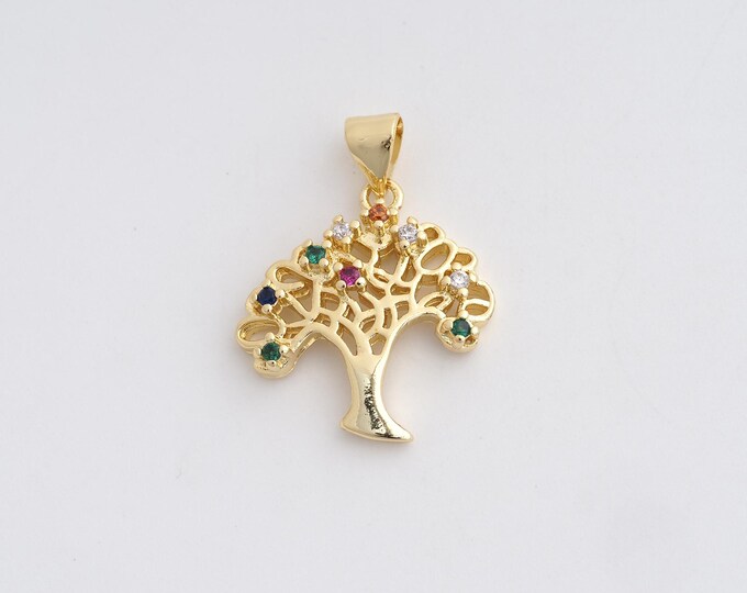 18K Gold Filled Tree of Life Charm, Micropavé CZ Tree Pendant,Tree of Life Necklace Charm, DIY Jewelry Supplies, 25.5x19.4x4mm