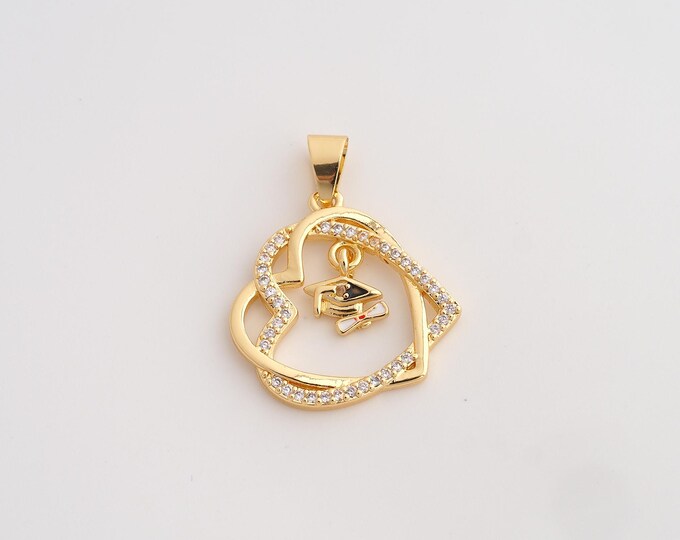 18K Gold Filled Heart Charm,Dainty Enamel Doctoral Cap Pendant,CZ Diploma Scroll Pendant ,DIY Jewelry Supplies,28.2x22.3x2.4mm