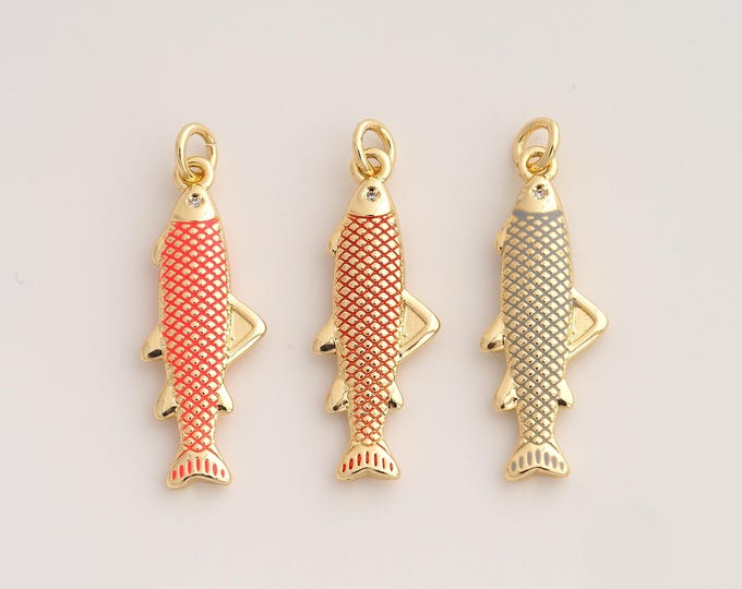 18K Gold Filled Fish Charm,Dainty Enamel Marine Life Pendant,CZ Fish Pendant ,DIY Jewelry Supplies,33.2x11x3.5mm