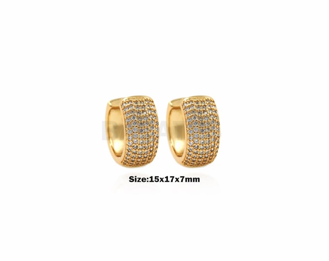 1Pair Circle Earrings Micro-Paved Zircon Wide Hoop Earrings In Gold-Plated Brass, Jewellery Wearing Cubic Zirconia Round Earrings 15x17x7mm