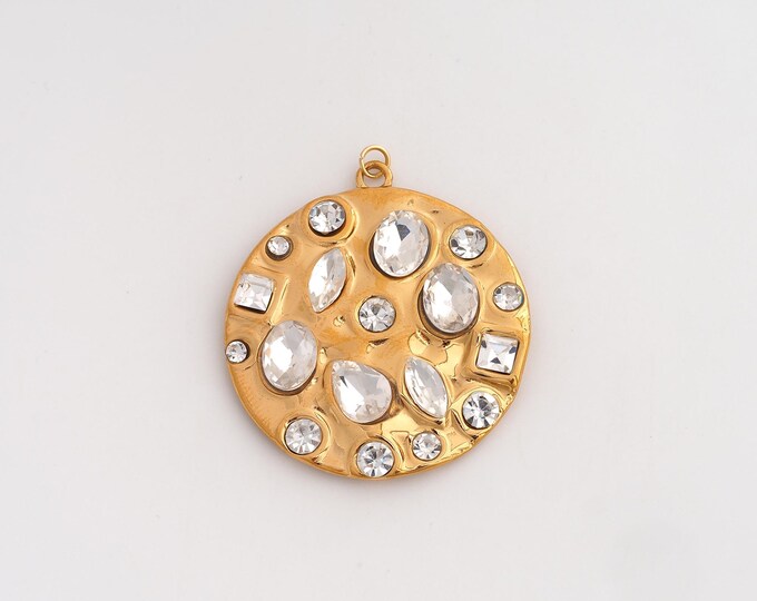 Stainless Steel Round Pendant,CZ Disc Charms,Coin Charm Bracelet Necklace for DIY Jewelry Making Supply,40.6x34.5x5mm
