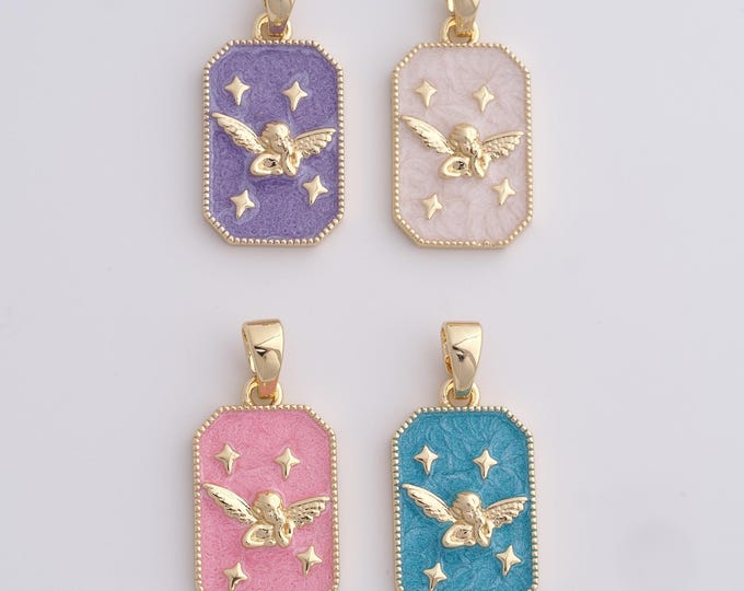 Square Angel Pendant, Angel Charm, 18K Gold Filled Cupid Charm,Enamel Charms, DIY Jewelry Supplies, 29.6x14x3mm