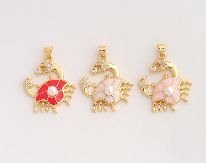 18K Gold Filled Crab Charm,Dainty Enamel Marine Life Pendant,CZ Crab Pendant ,DIY Jewelry Supplies,33.4x25.5x8mm