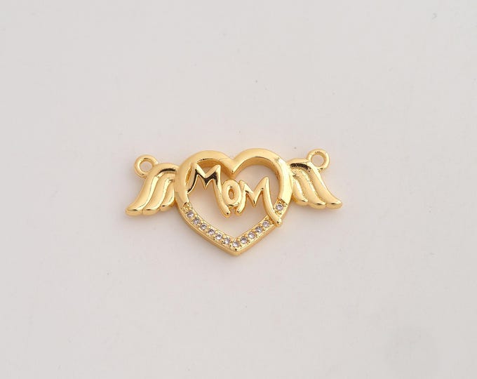 18K Gold Filled MOM Charm,Dainty Heart Pendant,CZ Letter Pendant ,DIY Jewelry Supplies,27x13.8x3.2mm