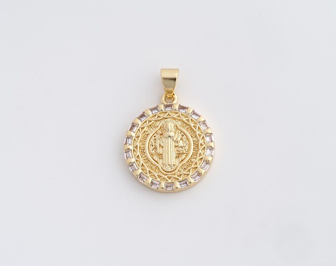 Gold Jesus Pendant,Round Charm, CZ Pendant,18K Gold Filled Religious Charm,Bracelet and Necklace Making Supplies 25x17.8x2.7mm