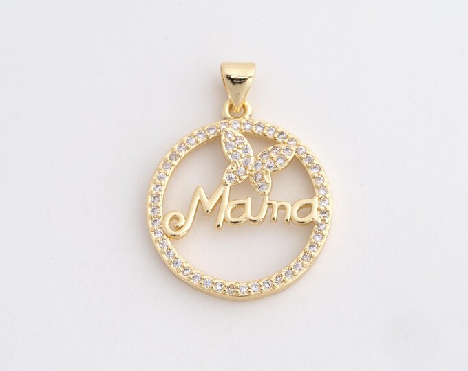 Gold MAMA Jewelry Round Charms,18K Gold Filled Butterfly Pendant DIY Jewelry Making Supplies 29.4x22.2x3mm