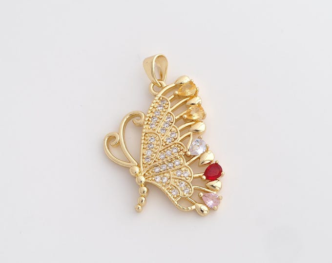 18K Gold Filled Butterfly Charm, Micropavé CZ Insect Pendant,Butterfly Necklace Charm, DIY Jewelry Supplies, 35.2x22.5x3mm