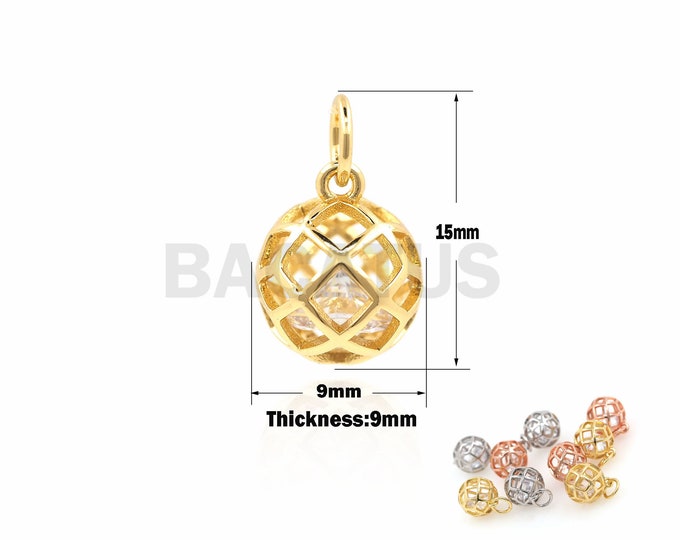 1PCS Cubic Zirconia Hollow Ball Pendant,  Round Necklace, Metal Copper Wire Ball Beads, Suitable For Jewelry Making 9×9×15mm