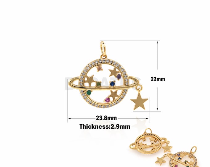 1PCS Planet Pendant Star Pendant Planet Charm Colorful Zircon Jewelry 18K Gold Filled Cubic Zirconia DIY Jewelry Making 22x23.8x2.9mm