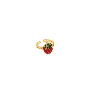 Pu&ograve; includere: Anello dorato con una fragola rossa e foglie verdi. L'anello regolabile ha un design a fascia intrecciata. La fragola &egrave; rifinita con dettagli bianchi e una finitura lucida, creando un accessorio affascinante.