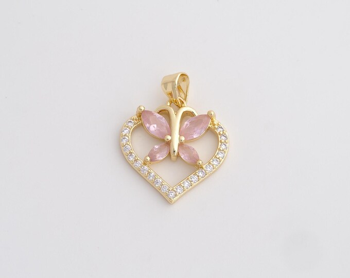 18K Gold Filled Heart Charm, Micropavé CZ Love Pendant,Butterfly Necklace Charm, DIY Jewelry Supplies, 24.2x19x3.5mm