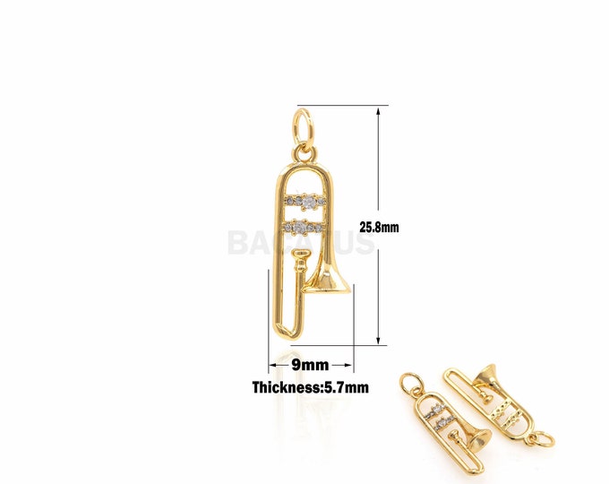 1PCS 18K Gold-Plated Trombone Charm, Musical Instrument Charm, DIY Gold Trombone Necklace, Used For Bracelet Jewelry 25.8x9x5.7 mm