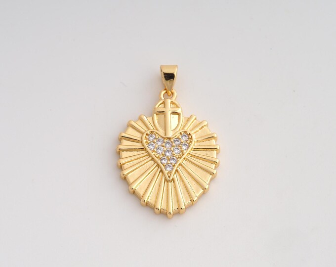 18K Gold Filled Sacred Heart Charm,Dainty Heart Pendant,CZ Sacred Heart Pendant ,DIY Jewelry Supplies,32.5x20.6x2.7mm