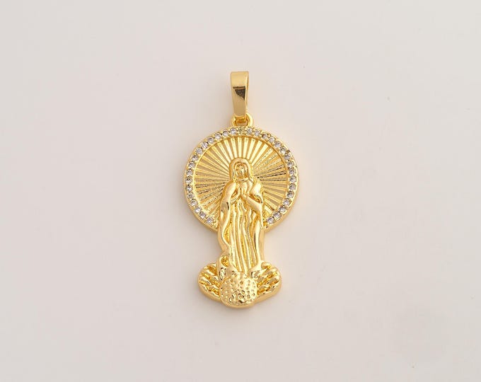 18K Gold Filled Virgin Mary Charm,Dainty Religious Pendant,CZ Catholic Pendant ,DIY Jewelry Supplies,37.4x17.5x3mm