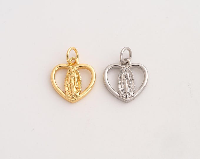 18K Gold Filled Heart Virgin Mary Charm,Dainty Religious Pendant,Catholic Pendant ,DIY Jewelry Supplies,17.4x12.7x2.5mm