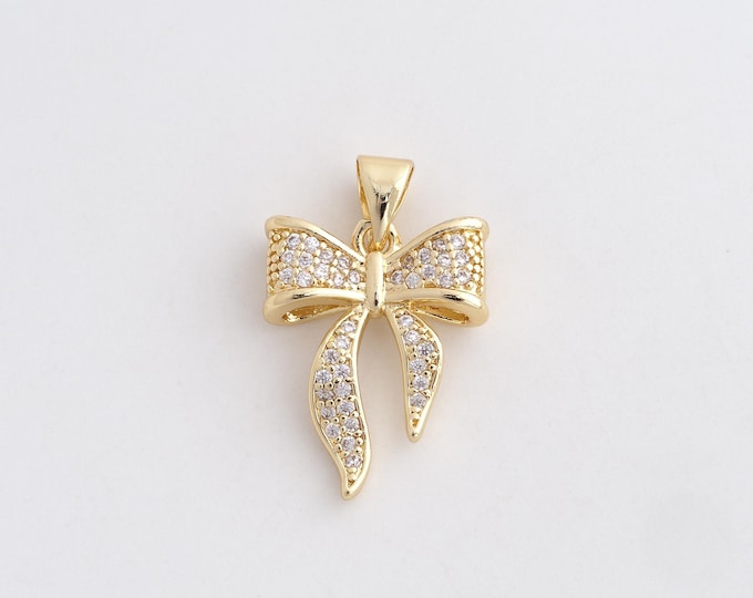 1 Pcs 18K Gold Filled Bow Pendant,MicroPaved CZ Bow Tie Charms, Bow Necklace for DIY Jewelry Making Supplies,24x15.2x4.5mm