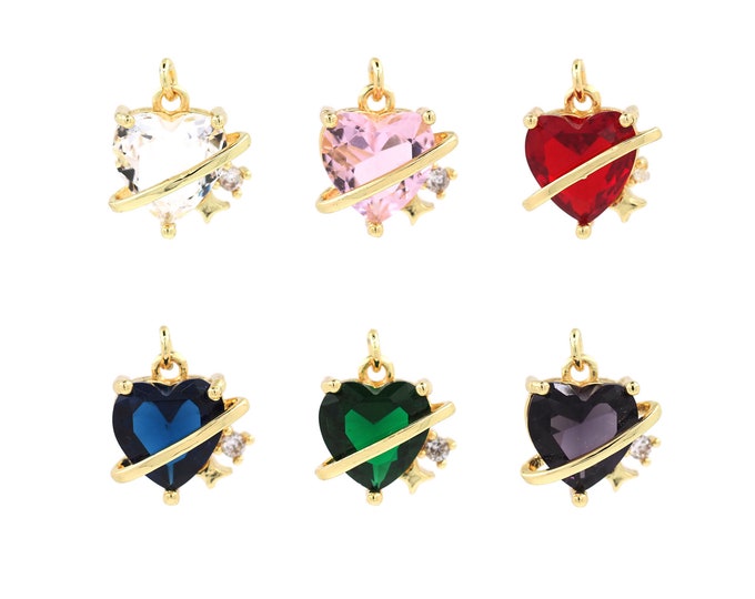18K Gold Filled CZ Heart Pendant,Gold Dainty Saturn Charms,Star Charm Bracelet Necklace for DIY Jewelry Making Supply
