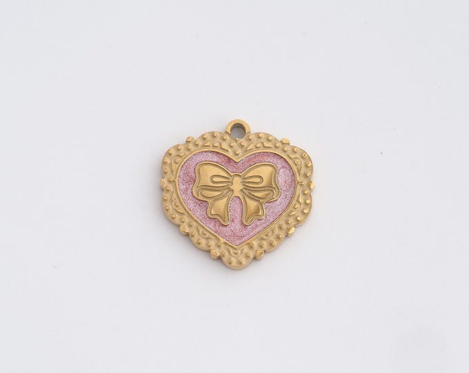 Stainless Steel Heart Pendant,Bow Charms,Enamel Love Charm Bracelet Necklace for DIY Jewelry Making Supply,16.2x16.4x1.2mm