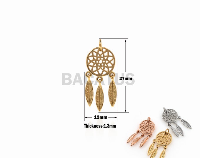 1PCS Dreamcatcher Pendant Dreamcatcher Necklace, Ladies Charm Necklace, Dream Catcher Charm Gold Filled 18K Feather Charm 27x12x1.3mm