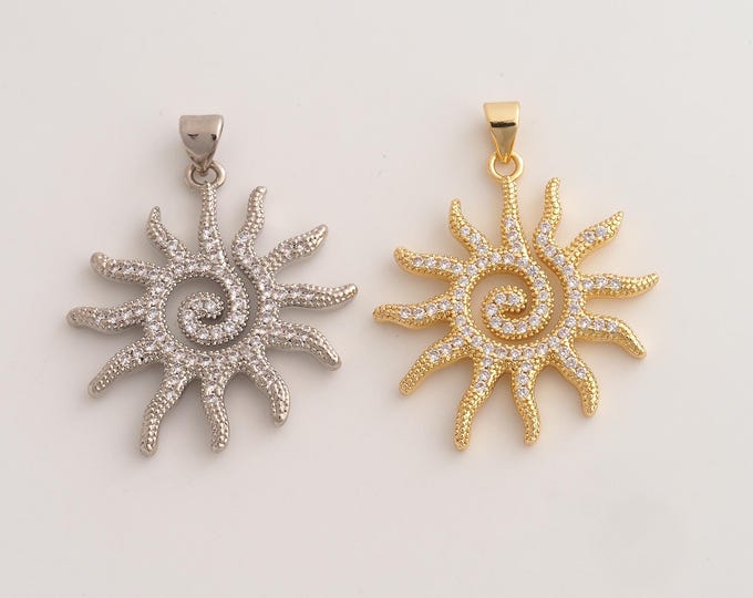 18K Gold Filled Sun Charm,Dainty Celestial Pendant,CZ Sunburst Pendant ,DIY Jewelry Supplies,35.2x28.3x2.5mm