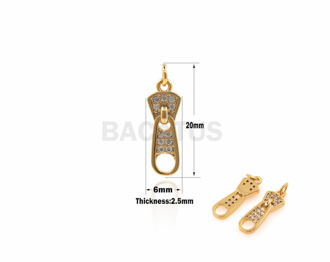 1PCS Zipper Pendant, Pull Head Charm, Suitable For Bracelets, Necklaces, Jewelry Making Supplies, Cubic Zirconia 18K Gold Filling 20x6x2.5mm