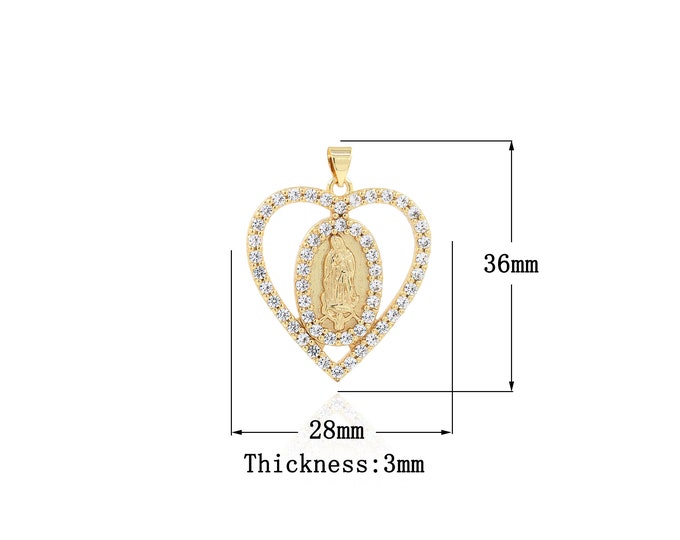 18K Gold Filled Virgin Mary Pendant,Gold Dainty Religion Charms,CZ Heart Charm Bracelet Necklace for DIY Jewelry Making Supply