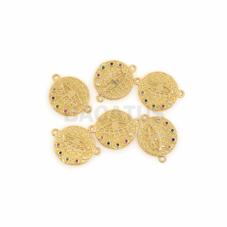 Colorful Round Evil Eye Coin,CZ Micro Pave crystal Evil Eye connectors,Gold plated Bracelet Coin 15x19.7x1.9 mm 1pcs