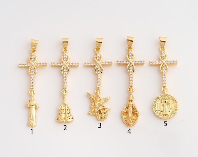 18K Gold Filled Pope Jesus Cross Charm,Dainty Religious Pendant,CZ San Miguel Virgin Mary Pendant ,DIY Jewelry Supplies,41x13.6x2.8mm