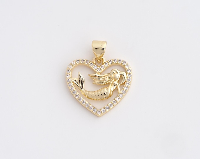 18K Gold Filled Heart Charm, Micropavé CZ Mermaid Pendant,Love Necklace Charm, DIY Jewelry Supplies, 21.6x18x3.2mm