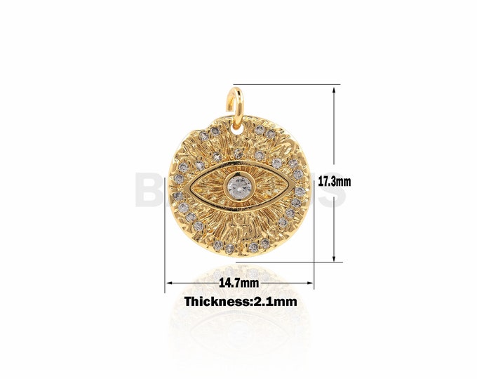 Gold Eye Pendant,CZ Micro Pave  Round Bracelet Charm,Gold Eye Charm beads 17.3x14.7x2.1 mm 1PCS