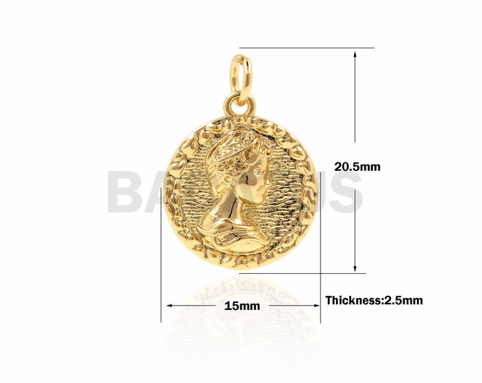 1PCS 18K Elizabeth Pendant, gold coin charm, medal pendant, gift for her 20.5x15x2.5mm