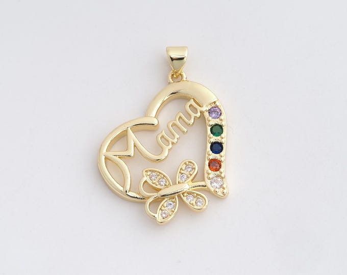 18K Gold Filled LOVE Pendant,Gold Dainty Heart Charms,CZ Round Charm Bracelet Necklace for DIY Jewelry Making Supply,35x24.5x3.6mm