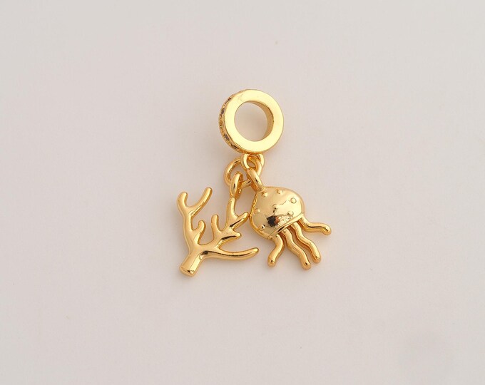 18K Gold Filled Jellyfish Charm,Dainty Marine Life Pendant,CZ Coral Pendant ,DIY Jewelry Supplies,24.3x19x2.5mm