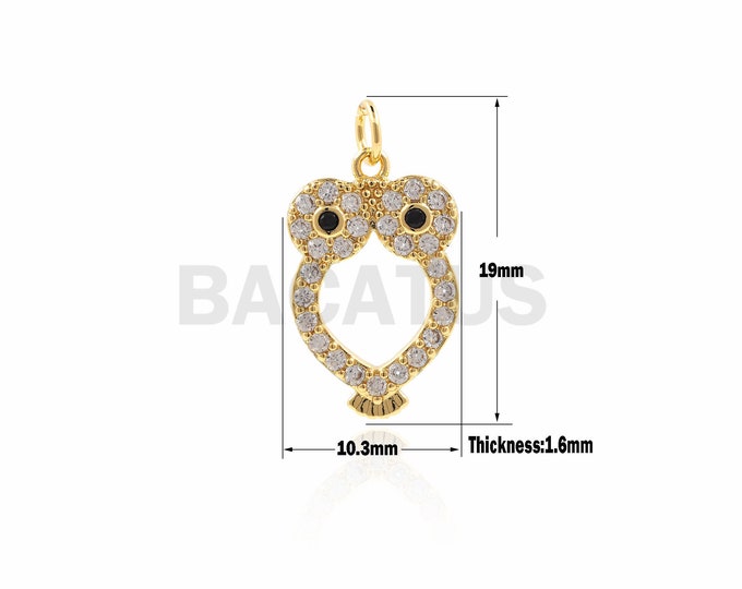 1PCS Owl Pendant, CZ Owl Necklace, Animal Charm, Owl Charm, Micropave Animal Pendant, 19×10.3×1.6mm