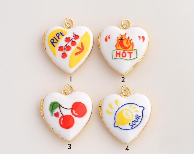 18K Gold Filled Heart Charm,Dainty Enamel Fruit Pattern Pendant,Photo Frame Pendant ,DIY Jewelry Supplies,28.2x23x7.5mm