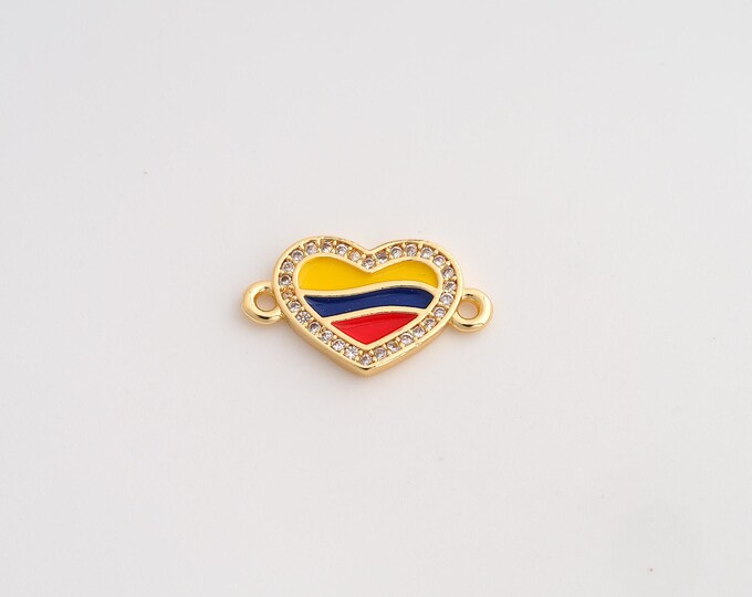 18K Gold Filled Heart Flag Connector,Enamel Colombia Flag Connector,CZ Colombia Connector for Jewelry Making Accessories 18.8x11.2x1.8mm