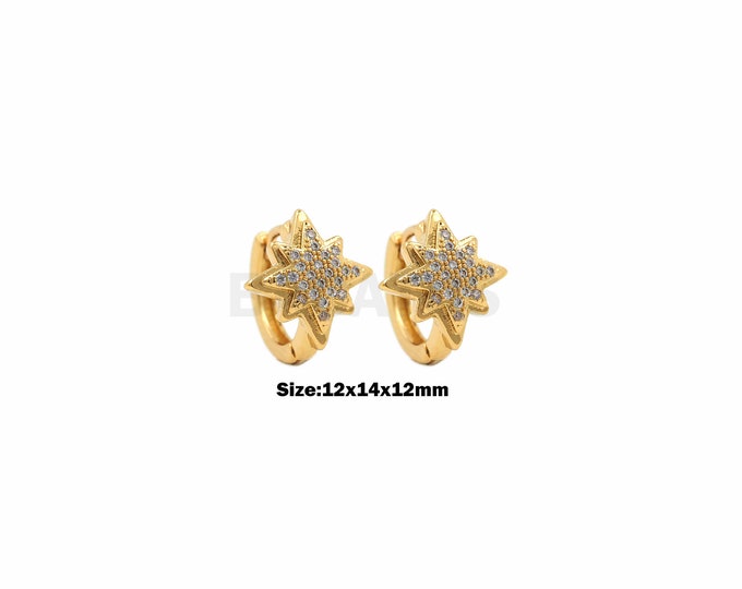 1Pair Gold Filled Polaris Earrings, Polaris Earrings, Star Earrings, Starburst Jewelry, Polaris Hoop, Celestial Cubic Zirconia 12x14x12mm