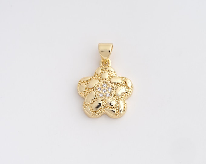18K Gold Filled Flower Charm, Micropavé CZ Flower Pendant,Flower Necklace Charm, DIY Jewelry Supplies, 22.5x16x3.4mm