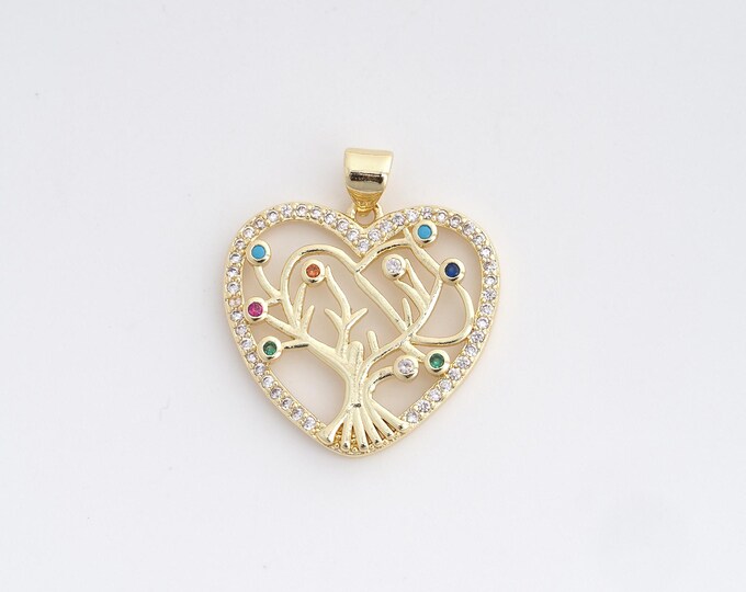 18K Gold Filled Tree of Life Pendant,Gold Dainty Tree Charms,CZ Heart Charm Bracelet Necklace for DIY Jewelry Making Supply,26.8x23x3mm