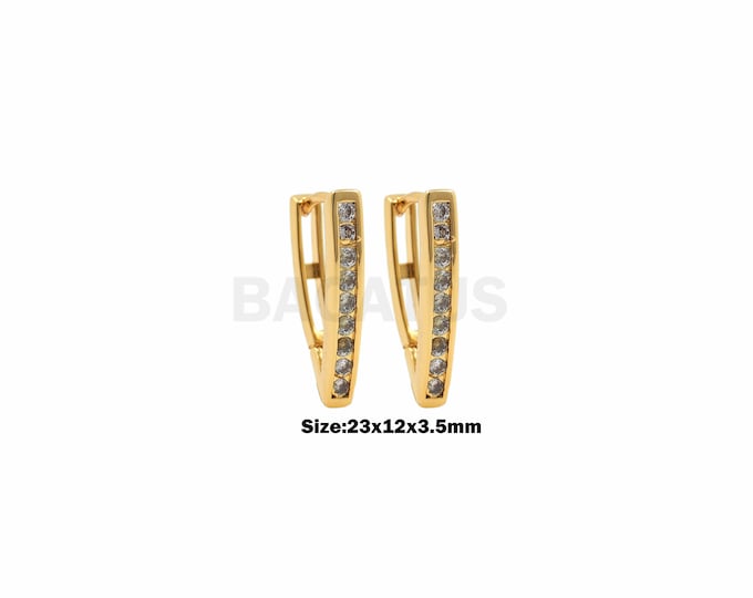 1 Pair Triangle Hoop Earrings, Small Triangle Gold Earrings, Pierced Earrings, Single Row Of Zircons, Long Triangle Earrings 23x12x3.5mm