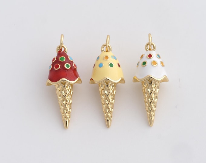 18K Gold Filled Ice Cream Charm, Enamel Dessert Pendant,Ice Cream Necklace Charm, DIY Jewelry Supplies, 26.8x9.8x9.8mm