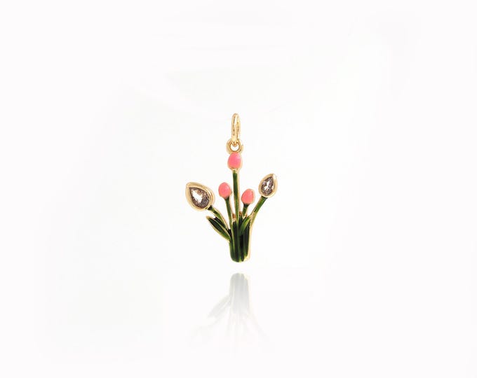 Enamel Grass Pendant, 18K Gold Filled Grass Necklace,Micropavé CZ Enamel Charm, DIY Jewelry Supplies,21.3x13x2.6mm