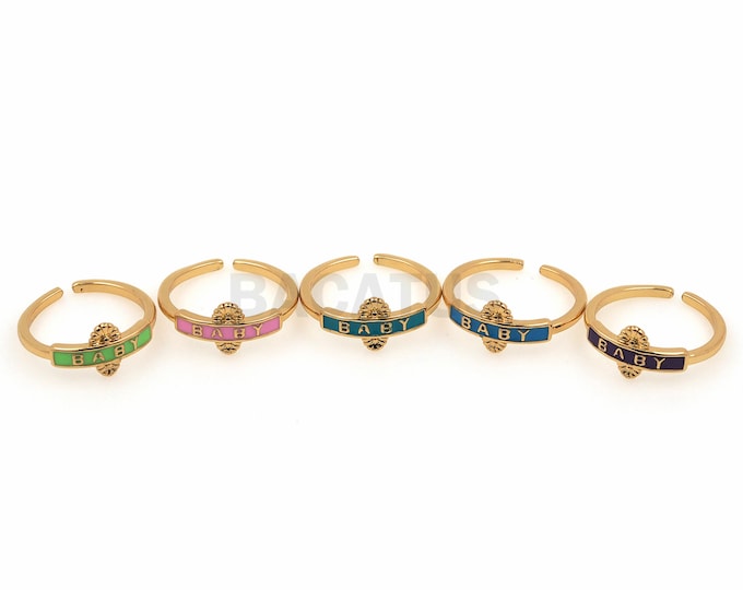 1pcs, 18K Gold Filled Enamel Ring, Flower Ring, Adjustable Ring, Baby Letter Ring, Gold Open Ring