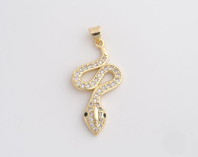 18K Gold Filled Snake Charm, Micropavé CZ Animal Pendant,Snake Necklace Charm, DIY Jewelry Supplies, 37x17x3.6mm