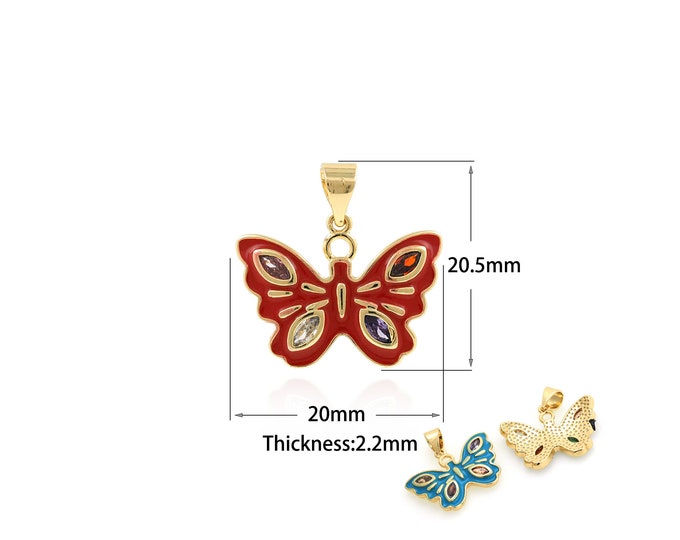 1Pcs Colorful Enamel Butterfly-Shaped Pendant Colored Cubic Zirconia Insect Pendant Necklace Bracelet Pendant Discovery Amulet 20.5x20x2.2mm