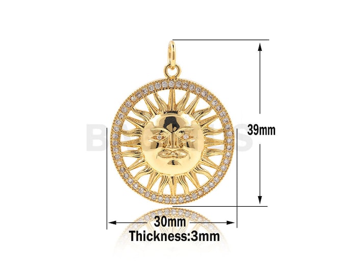 Sunlight pendant, sun face pendant, sun pendant, cubic zirconia sun, used for jewelry making 39x30x3mm 1PCS